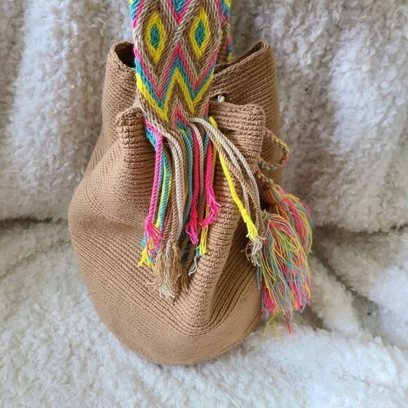 Artisan Made Boho Crocheted Drawstring Bucket Purse - Picture 2 of 6